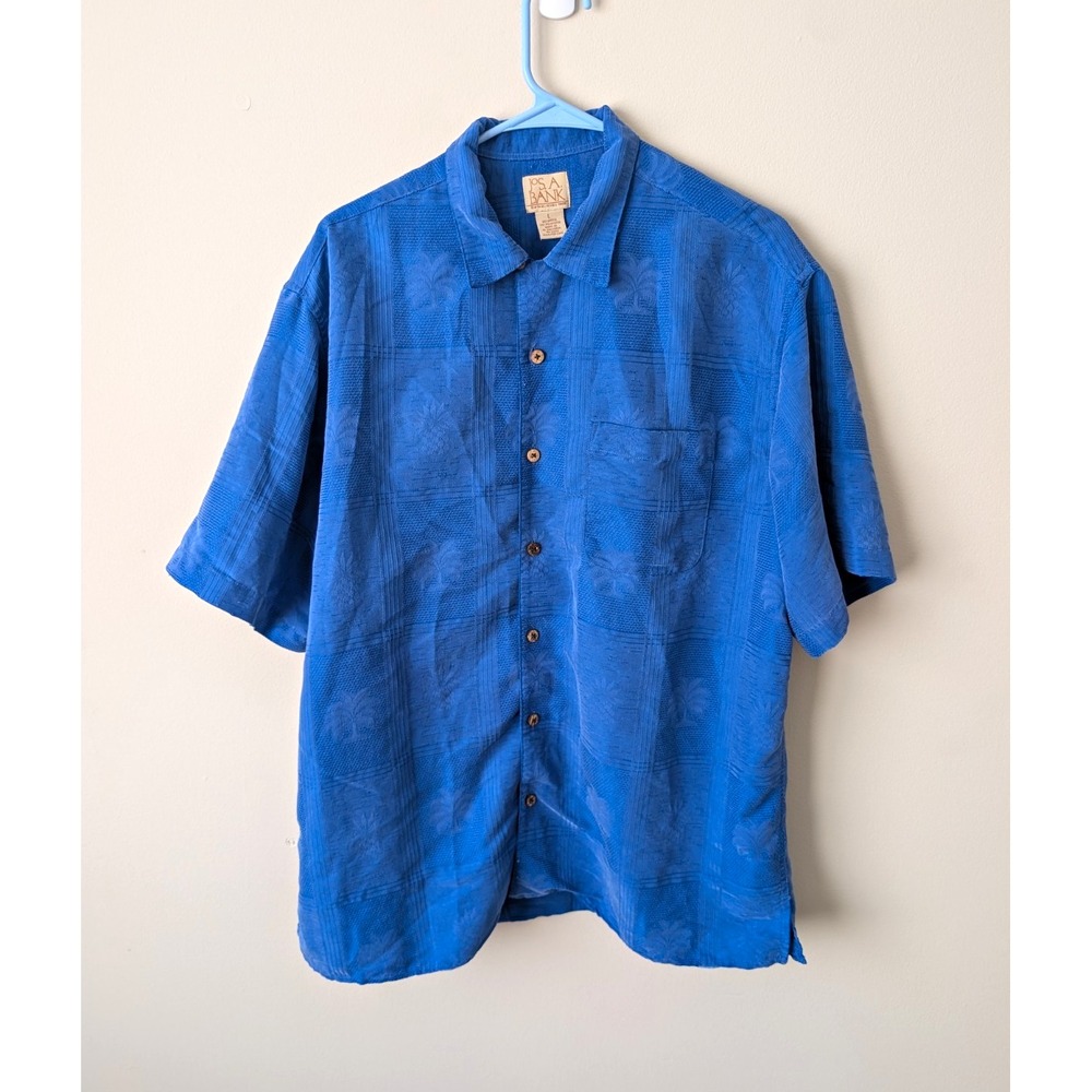 Jos. A. Bank Shirt Mens L Blue Short Sleeve Button-Up Floral Modal Point Collar